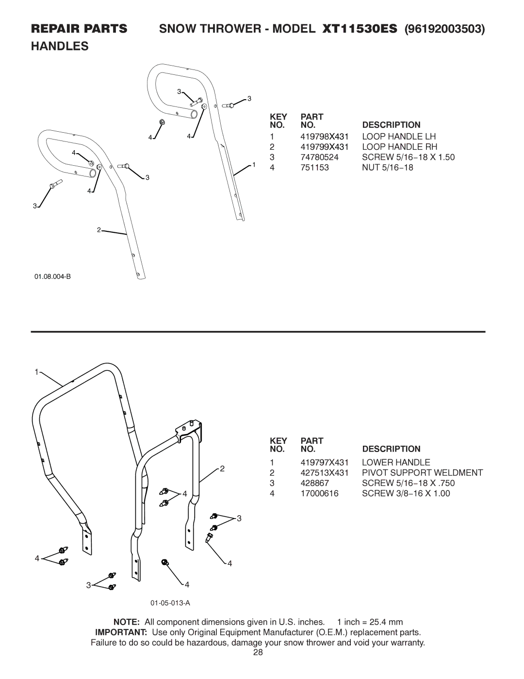 Poulan 437970, 96192003503 Repair Parts Snow Thrower Model XT11530ES Handles, Loop Handle LH, Loop Handle RH, Lower Handle 