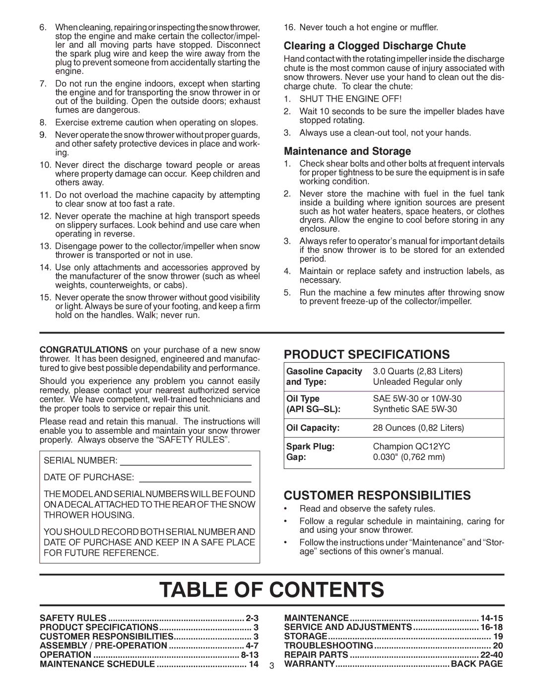 Poulan 96192003503, 437970 owner manual Table of Contents 