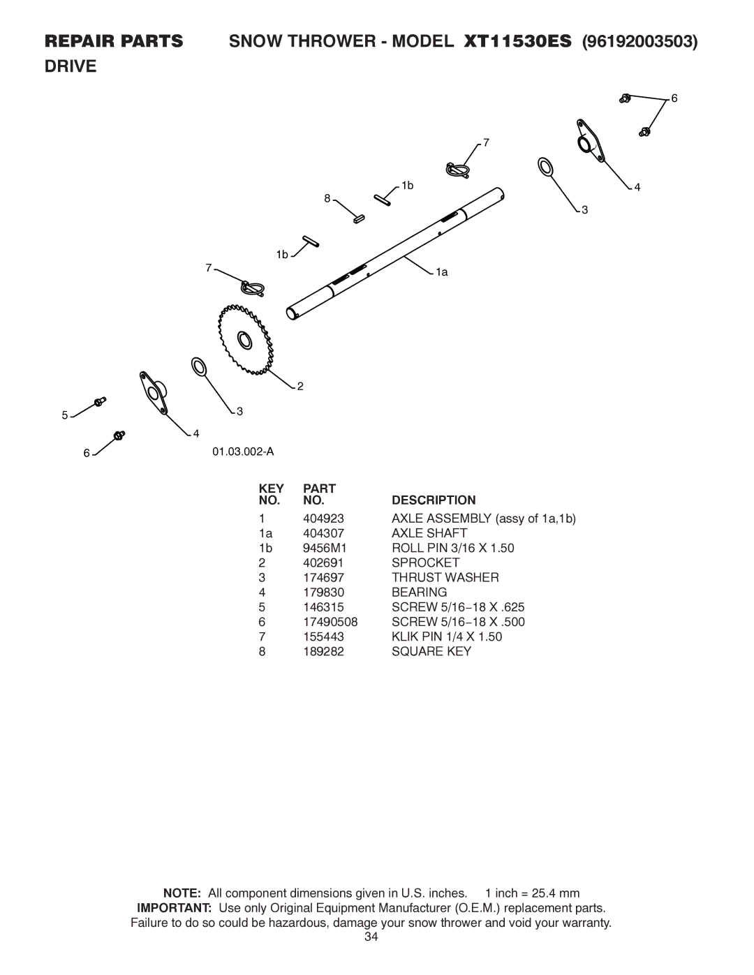 Poulan 437970, 96192003503 owner manual Axle Shaft, Sprocket, Thrust Washer, Bearing, Square KEY 