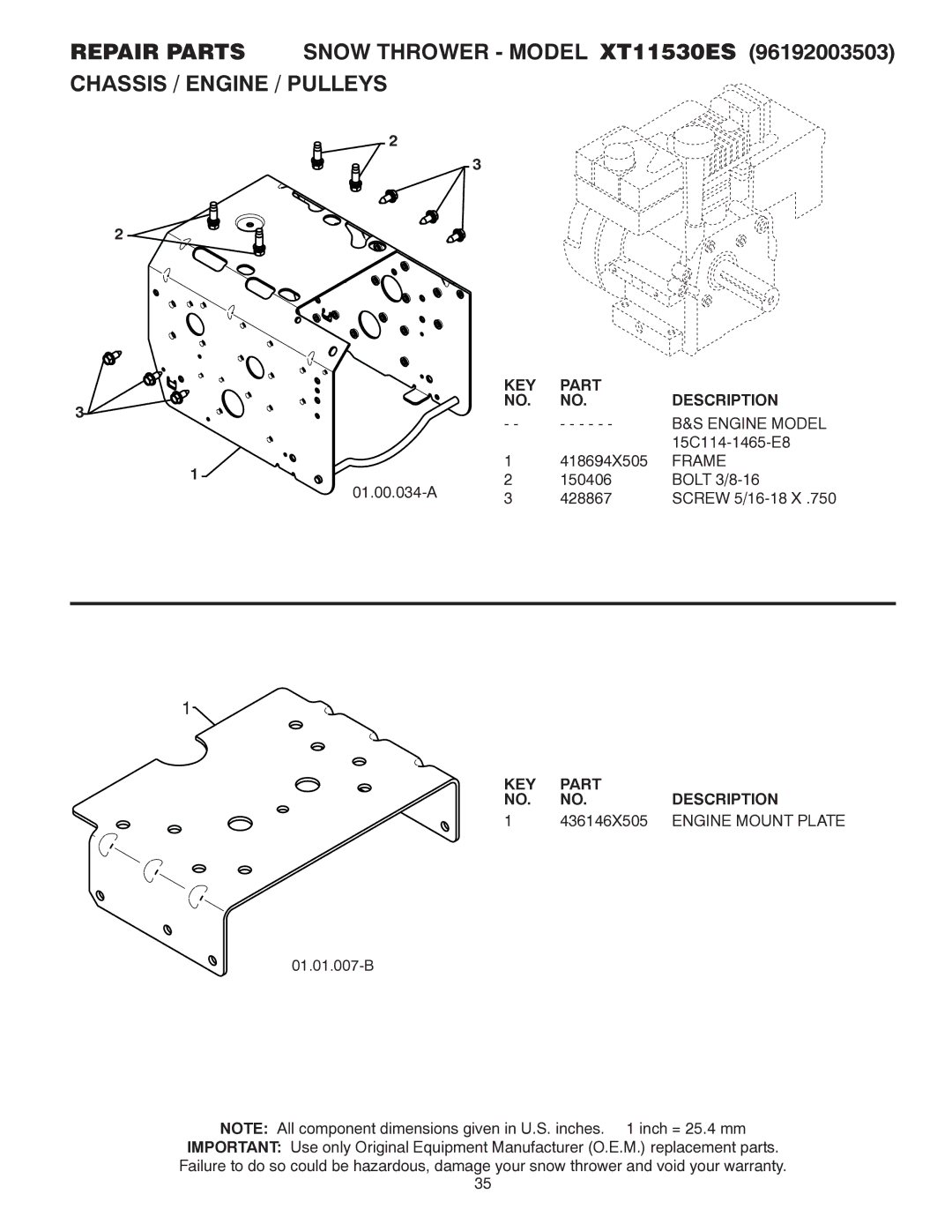 Poulan 96192003503, 437970 owner manual Engine Model, Frame, 436146X505, Engine Mount Plate 