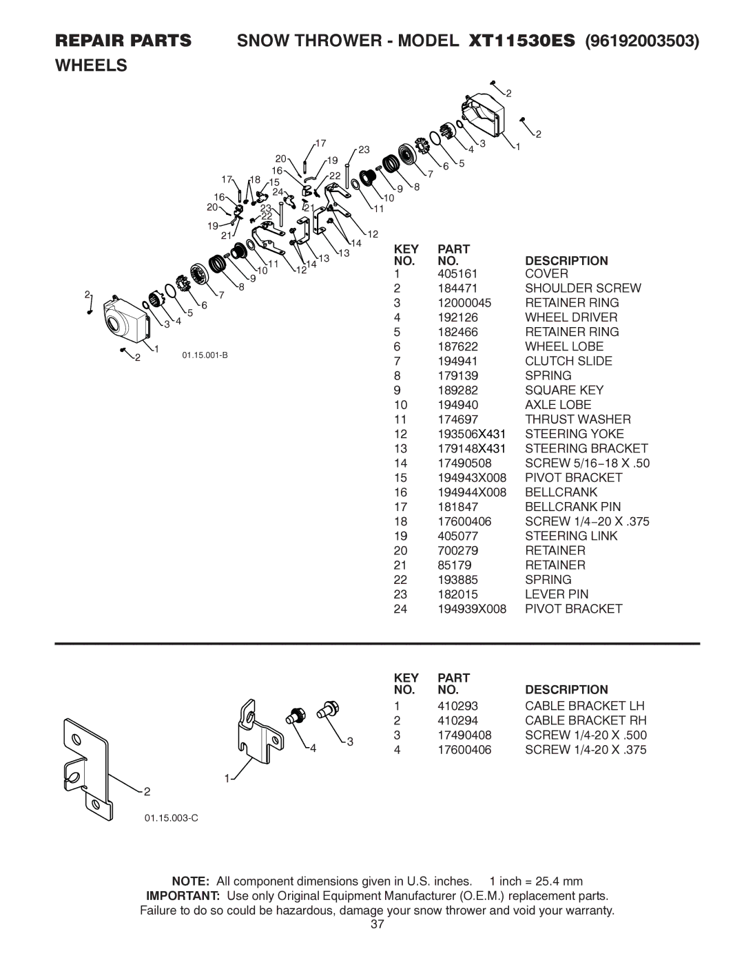 Poulan 96192003503, 437970 owner manual Repair Parts Snow Thrower Model XT11530ES Wheels, Key, Part Description 