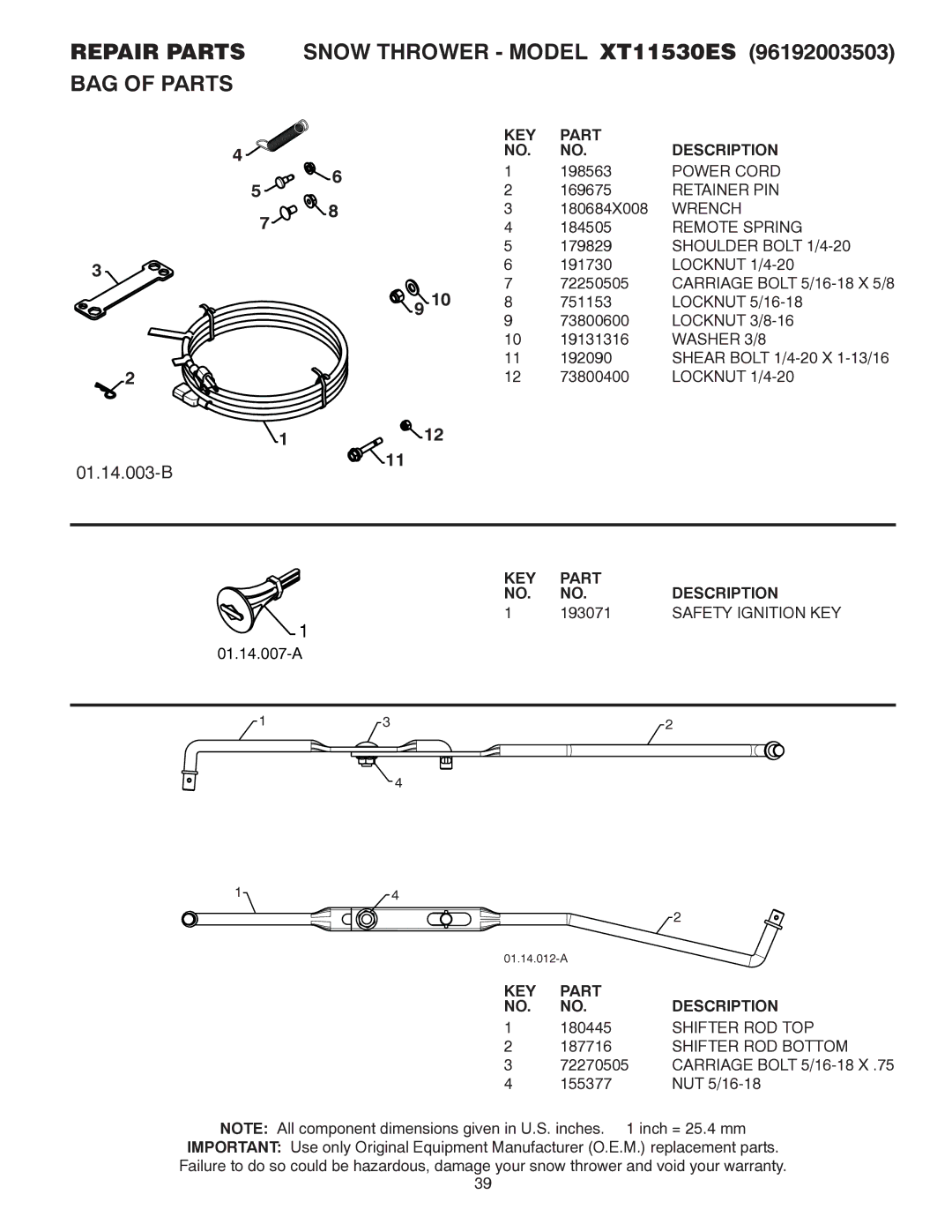 Poulan 96192003503, 437970 owner manual Repair Parts Snow Thrower Model XT11530ES BAG of Parts, 193071, Safety Ignition KEY 