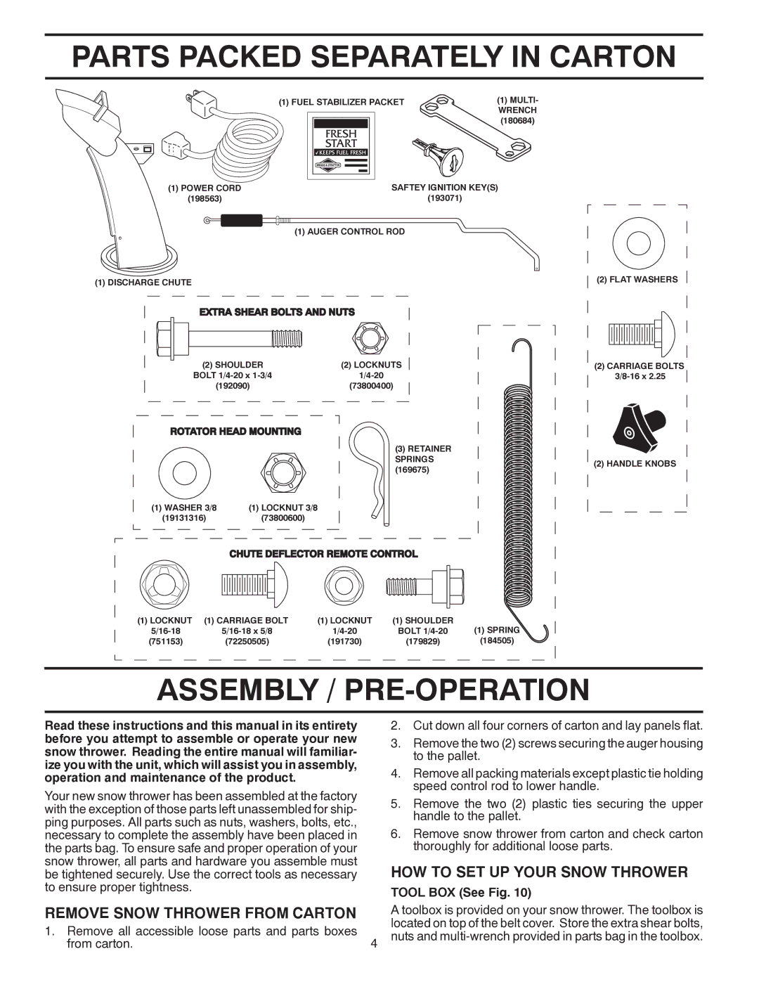 Poulan 437970, 96192003503 Parts Packed Separately in Carton, Assembly / PRE-OPERATION, HOW to SET UP Your Snow Thrower 