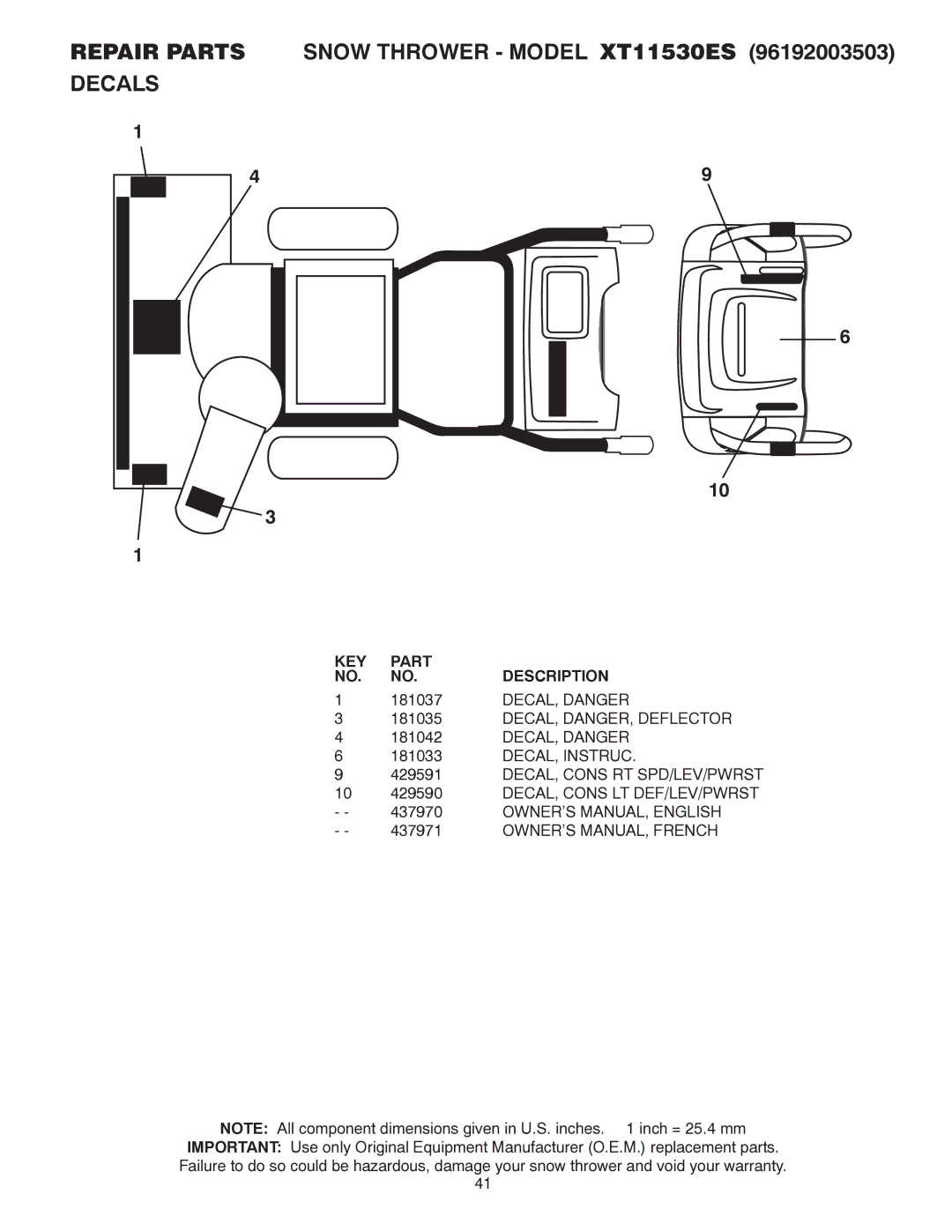 Poulan 96192003503 Repair Parts Snow Thrower Model XT11530ES Decals, 181037, DECAL, Danger, DECAL, DANGER, Deflector 