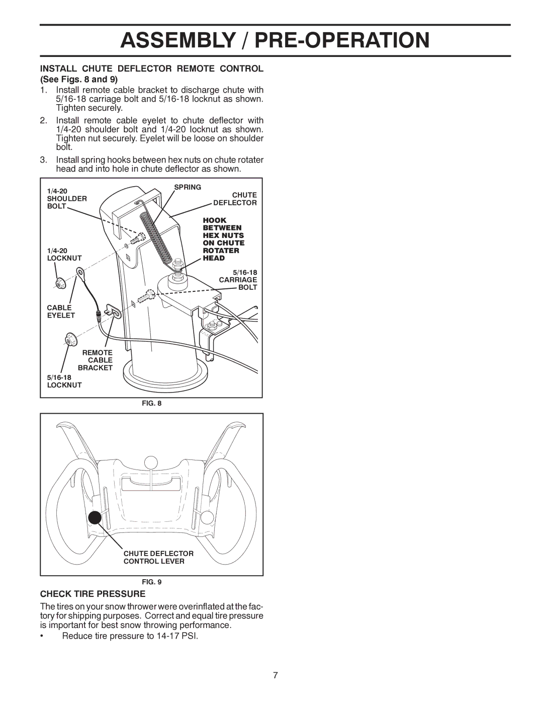 Poulan 96192003503, 437970 owner manual Install Chute Deflector Remote Control See Figs, Check Tire Pressure 