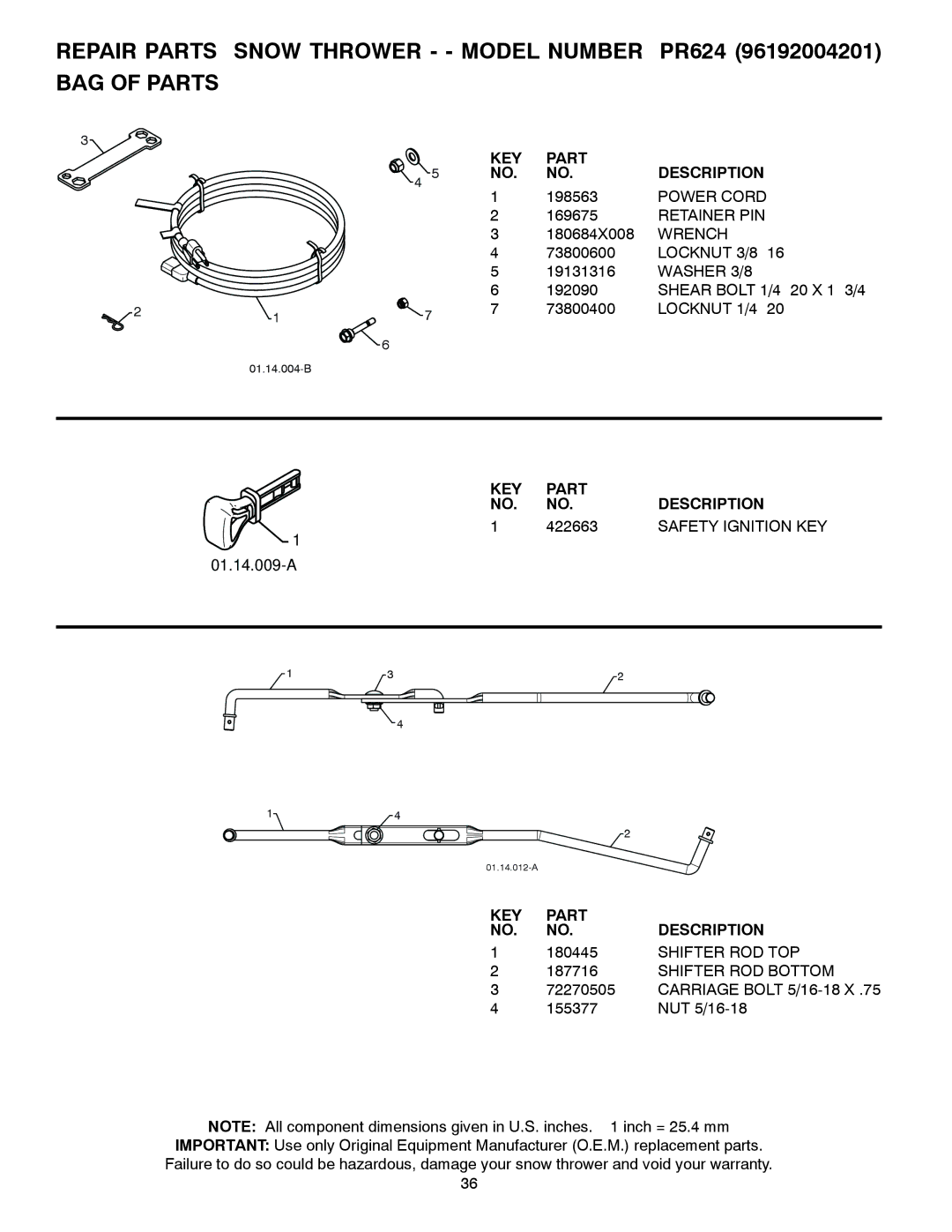Poulan 437986, 96192004201, PR624 owner manual Snow Thrower - Model Number, 422663, Safety Ignition KEY 