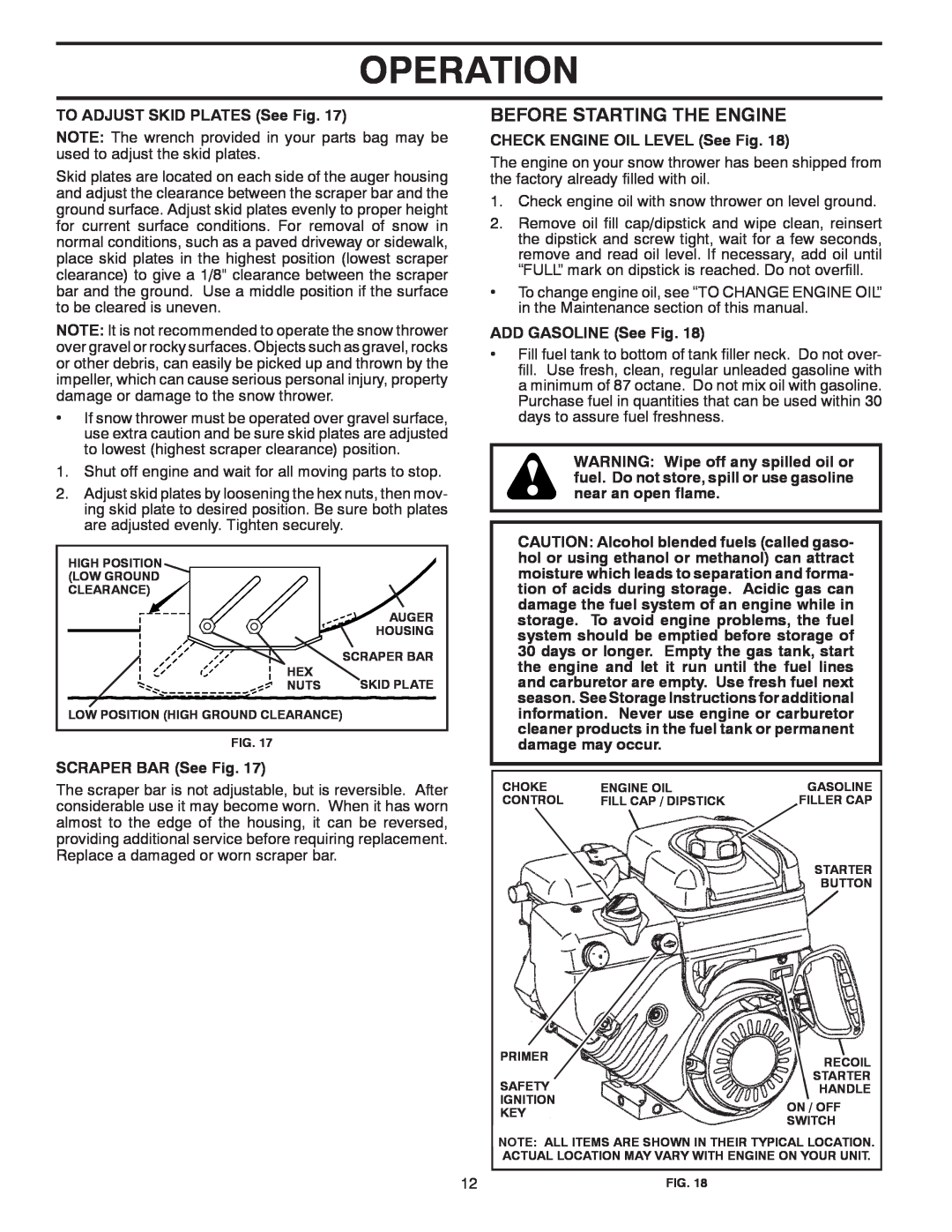 Poulan 438361, 96192004600 Before Starting The Engine, Operation, TO ADJUST SKID PLATES See Fig, SCRAPER BAR See Fig 