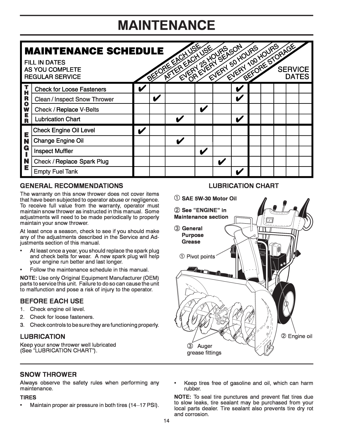 Poulan PR8P27ES, 438361 Maintenance, General Recommendations, Before Each Use, Snow Thrower, Lubrication Chart, Tires 