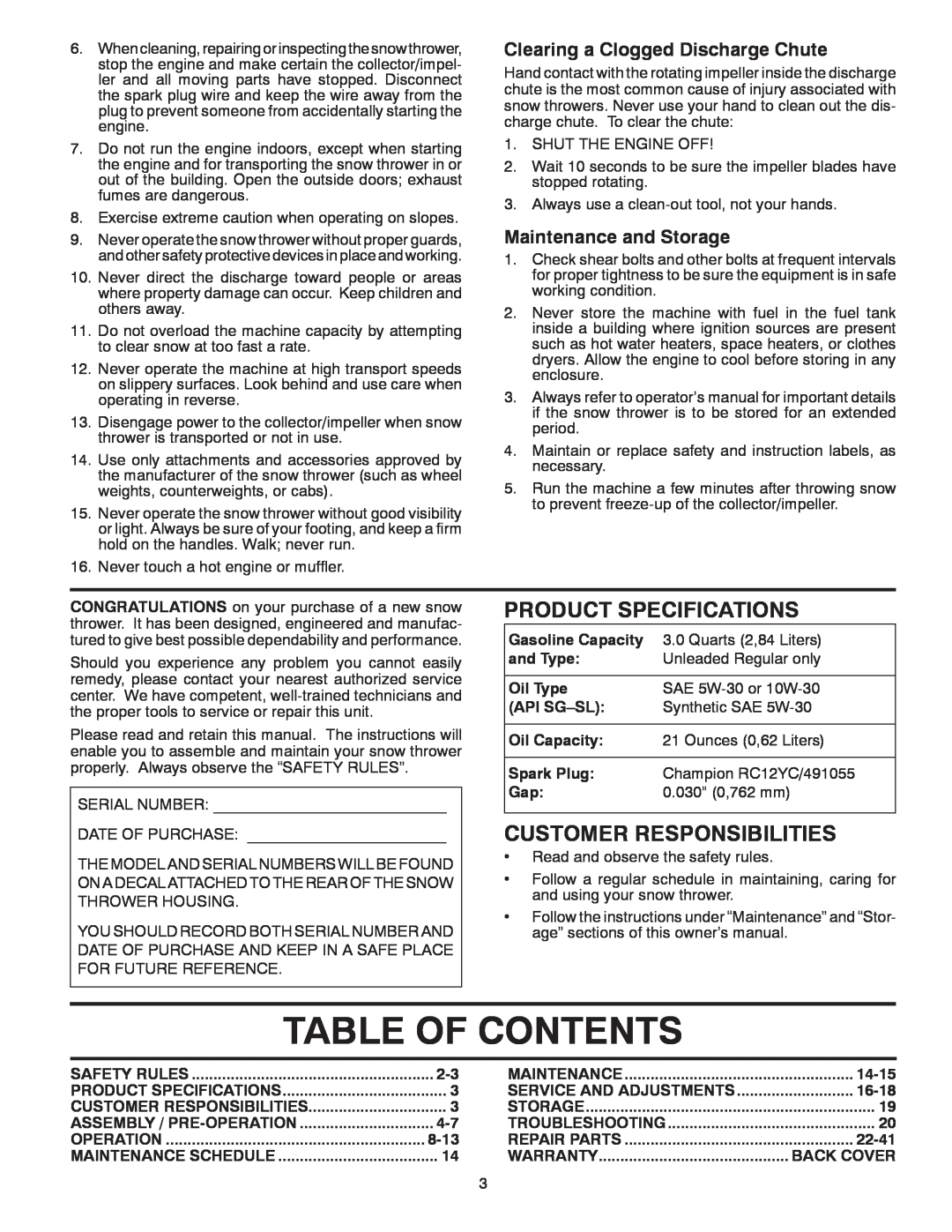 Poulan 438361 Table Of Contents, Product Specifications, Customer Responsibilities, Clearing a Clogged Discharge Chute 