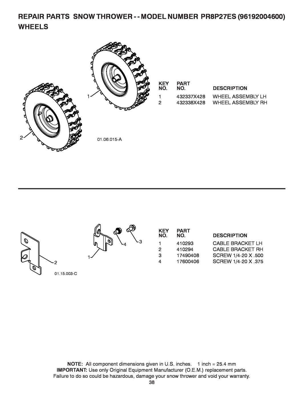 Poulan PR8P27ES, 438361, 96192004600 owner manual Wheels, Part, Description, 432337X428, Wheel Assembly Lh, 432338X428 