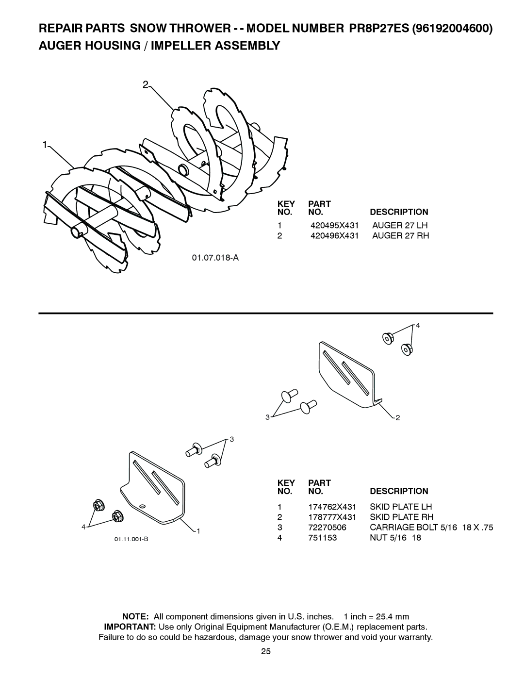 Poulan 96192004600, 438361, PR8P27ES owner manual Auger 27 LH, Auger 27 RH, Skid Plate LH, Skid Plate RH 