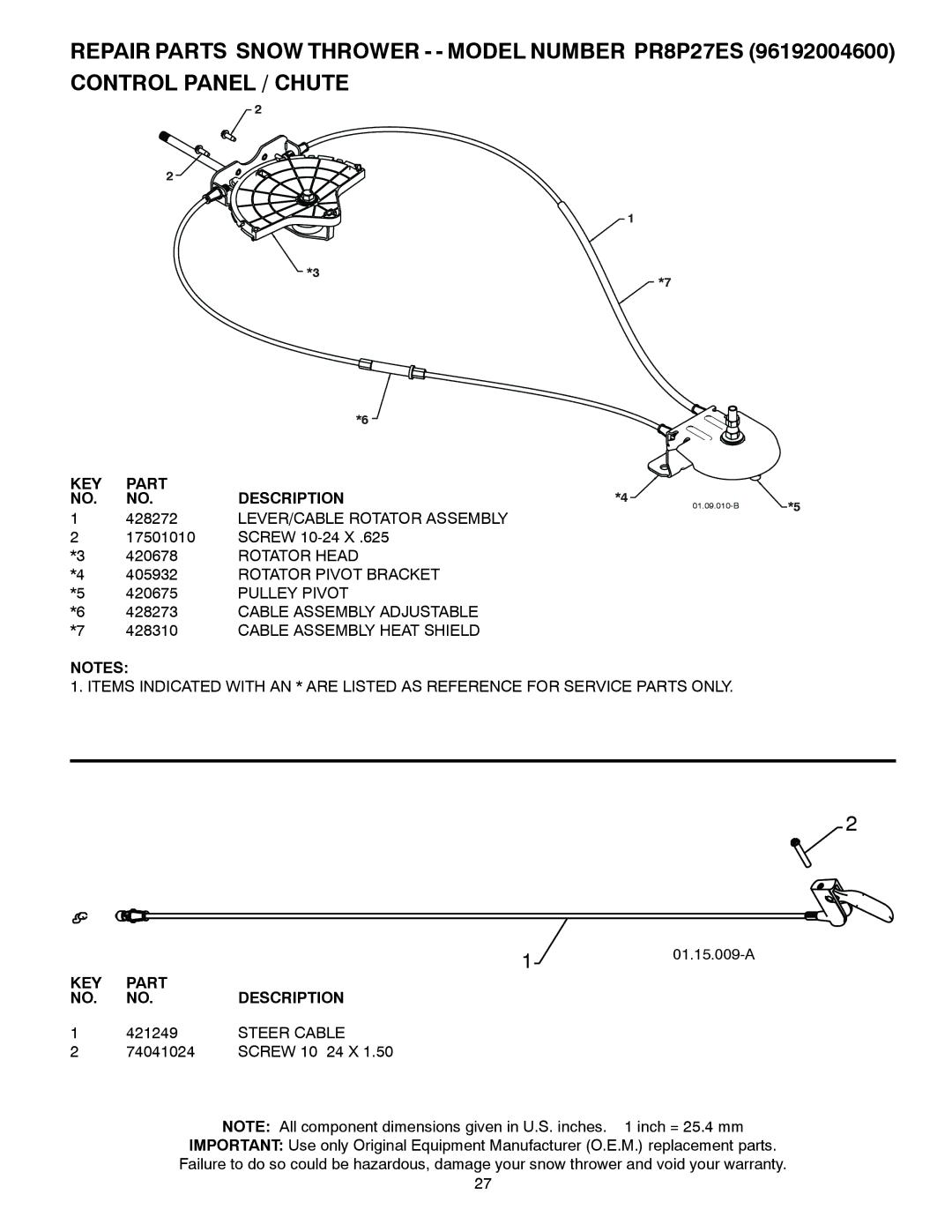 Poulan 438361 LEVER/CABLE Rotator Assembly, Rotator Head, Rotator Pivot Bracket, Pulley Pivot, Cable Assembly Adjustable 