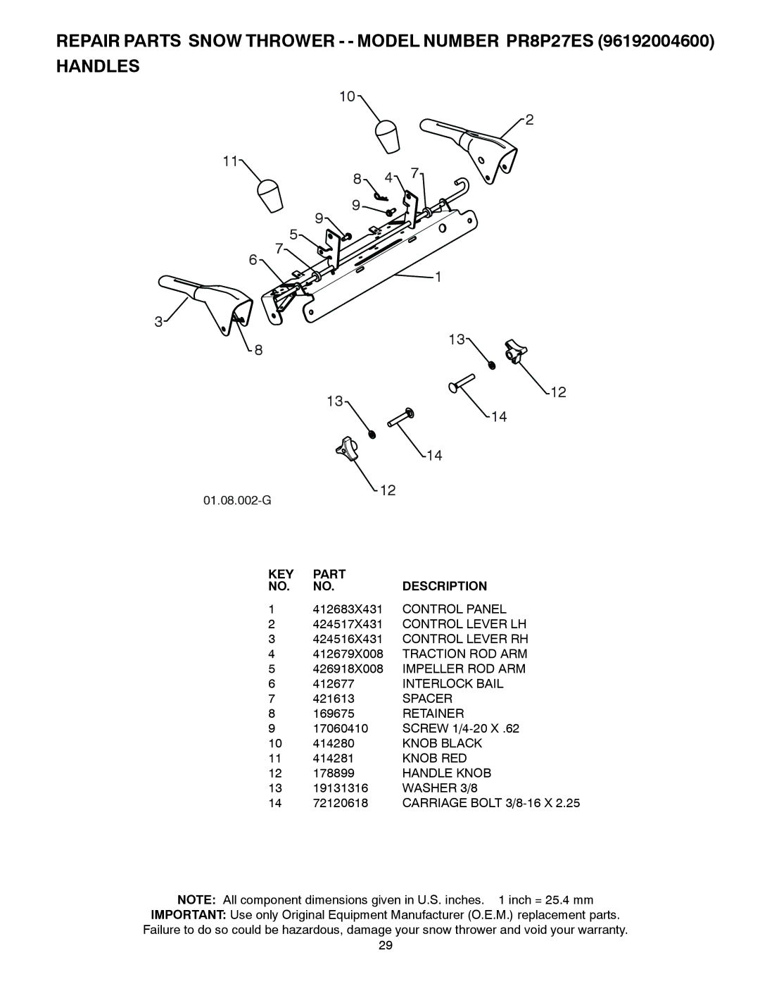 Poulan PR8P27ES, 438361, 96192004600 owner manual Spacer, Retainer, Knob RED, Handle Knob, Washer 3/8 