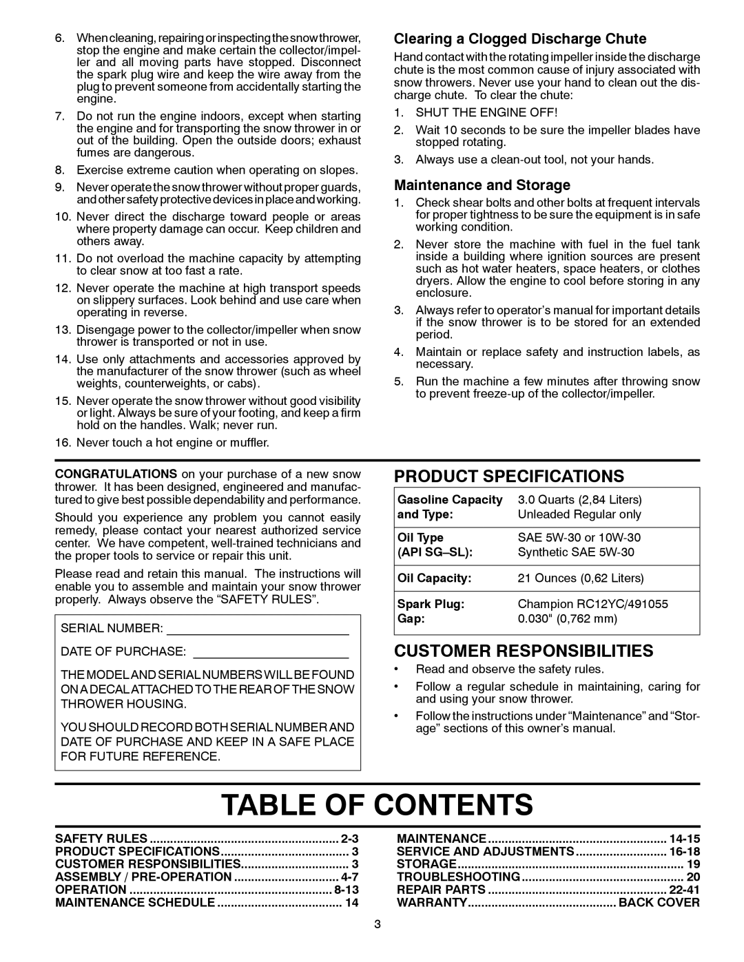 Poulan 438361, 96192004600, PR8P27ES owner manual Table of Contents 