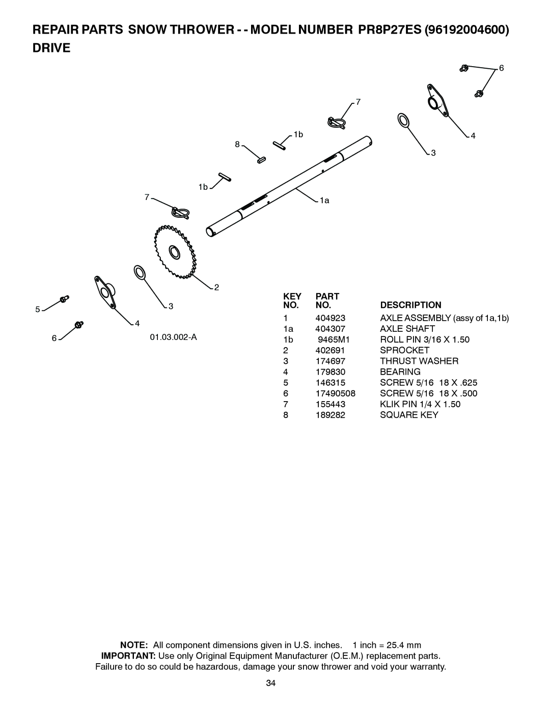 Poulan 96192004600, 438361, PR8P27ES owner manual Axle Shaft, Sprocket 