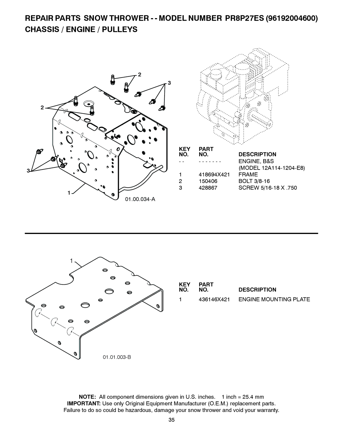 Poulan PR8P27ES, 438361, 96192004600 owner manual Engine, B&S, Frame, 436146X421, Engine Mounting Plate 