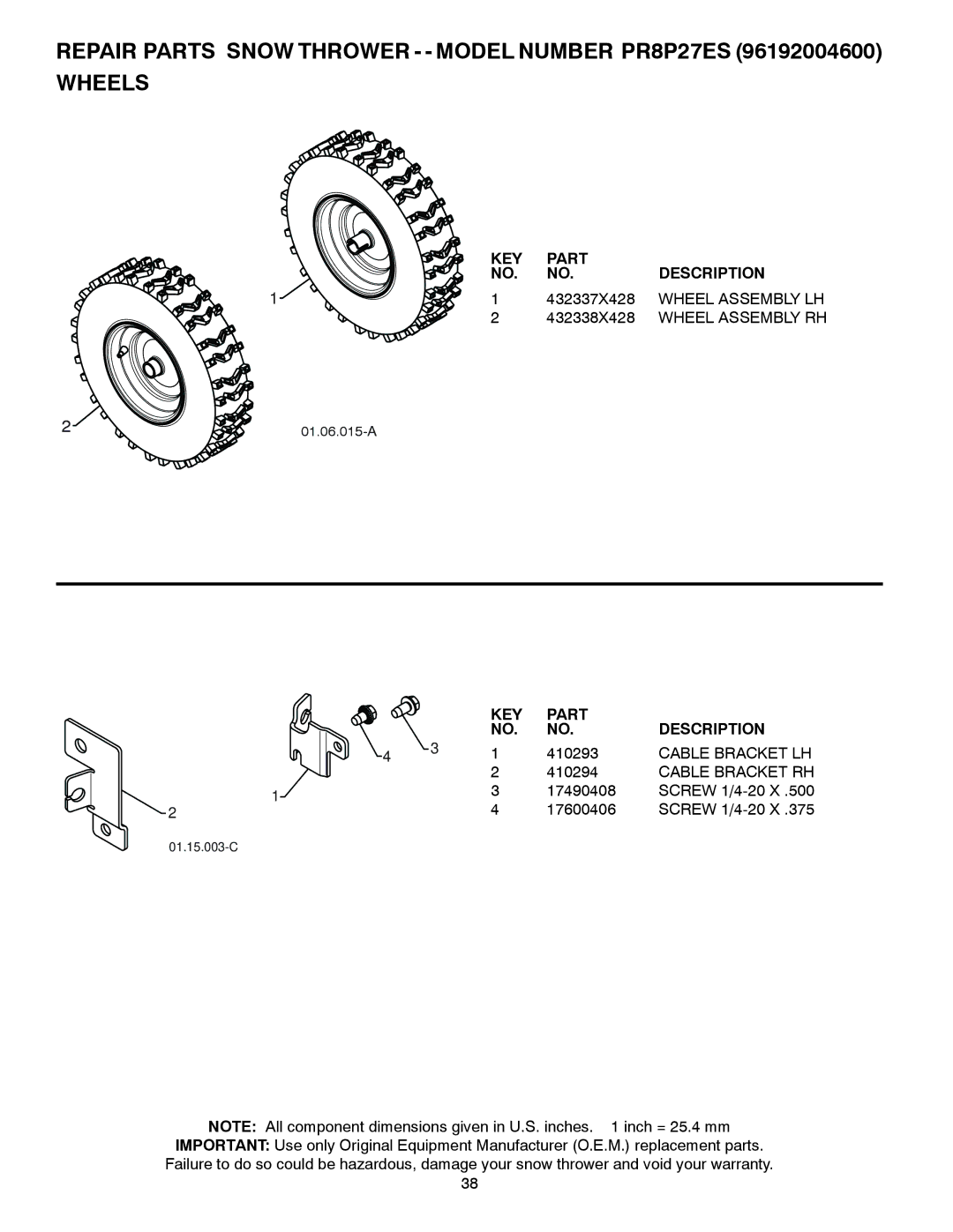 Poulan PR8P27ES, 438361, 96192004600 432337X428, Wheel Assembly LH, 432338X428, Cable Bracket LH, Cable Bracket RH 