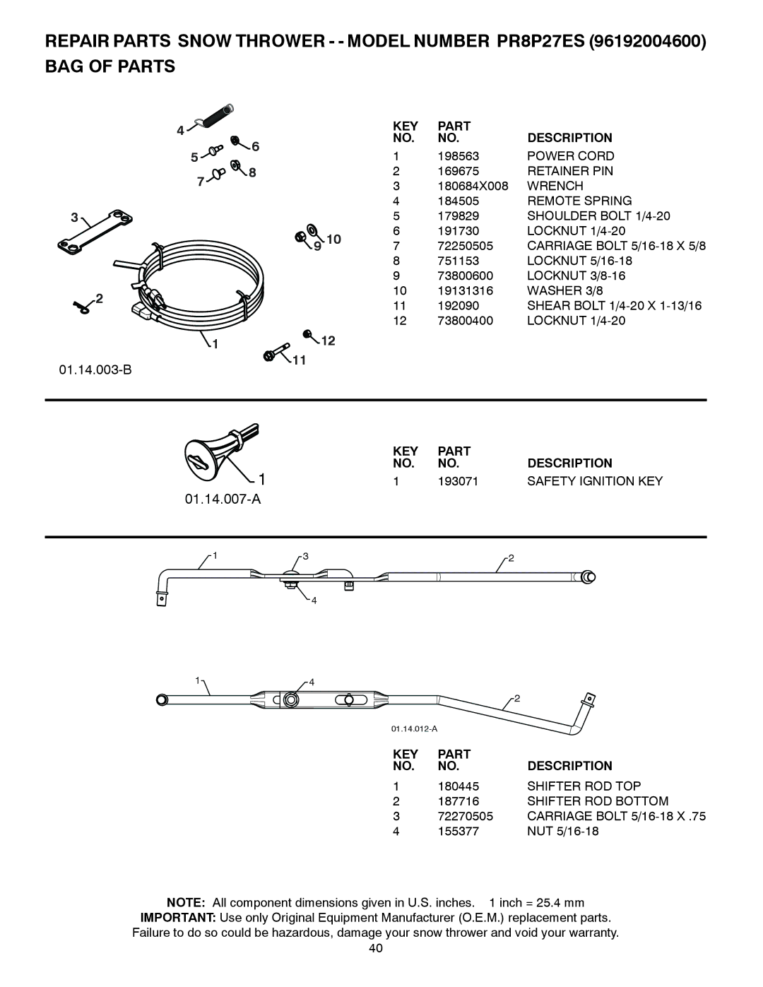 Poulan 96192004600, 438361, PR8P27ES owner manual 193071, Safety Ignition KEY 