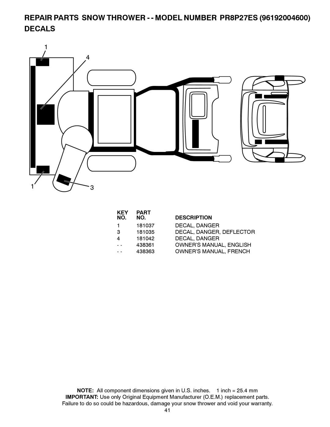 Poulan PR8P27ES, 438361, 96192004600 owner manual 181037, DECAL, Danger, DECAL, DANGER, Deflector 