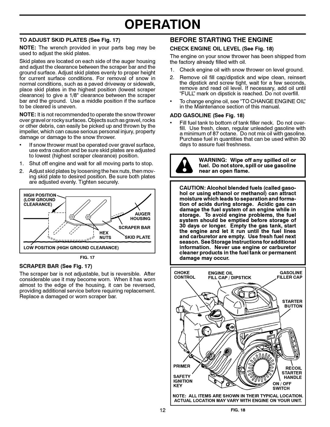 Poulan 438364 Before Starting the Engine, To Adjust Skid Plates See Fig, Scraper BAR See Fig, ADD Gasoline See Fig 