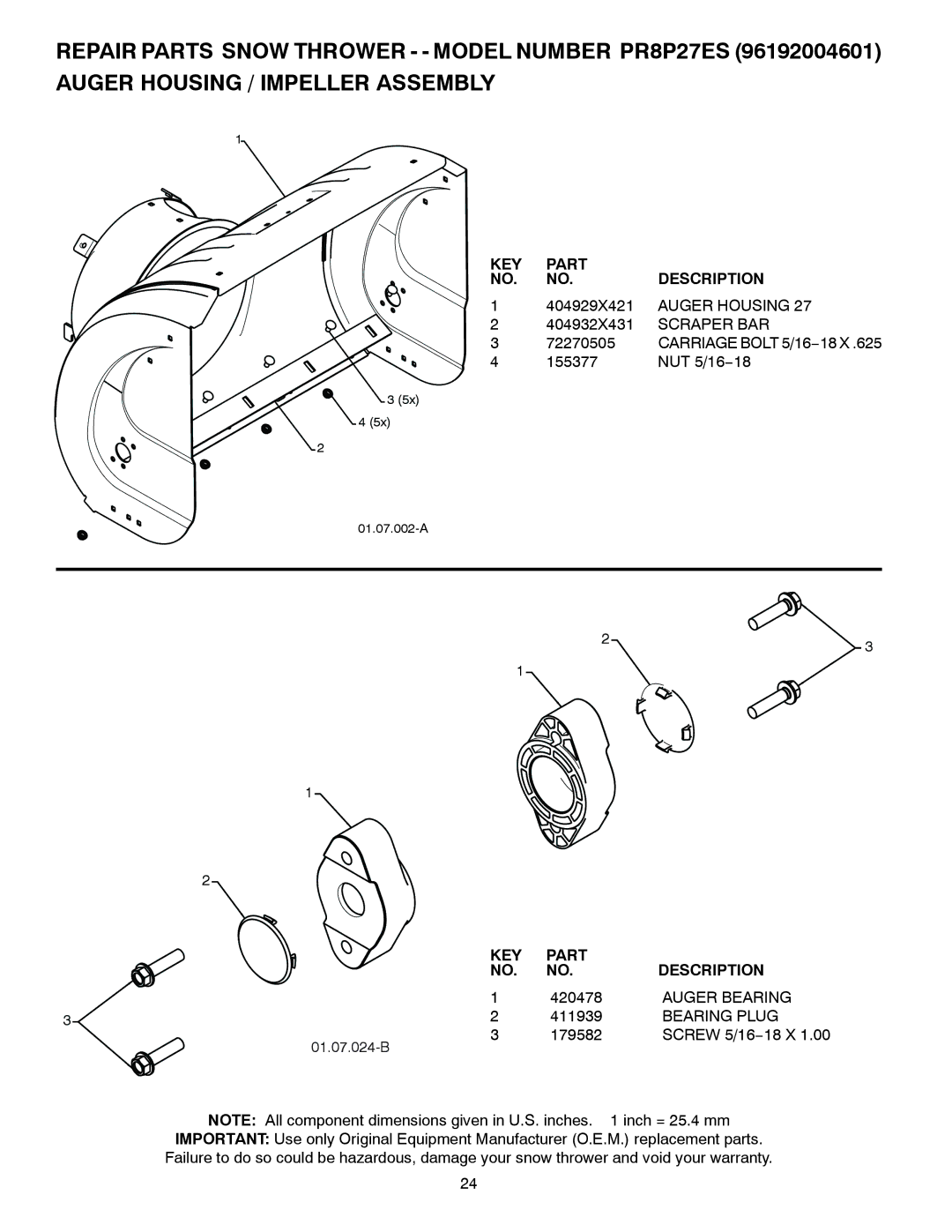 Poulan 438364, 96192004601 owner manual Auger Housing, Scraper BAR, Auger Bearing, Bearing Plug 