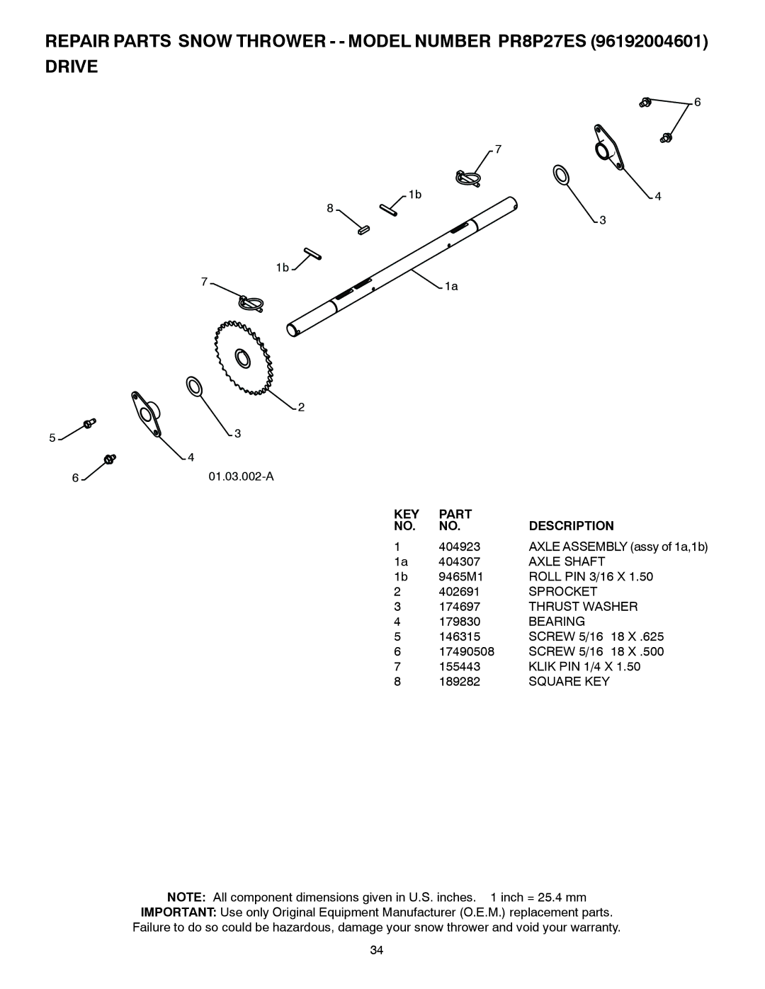 Poulan 438364, 96192004601 owner manual Axle Shaft, Sprocket 