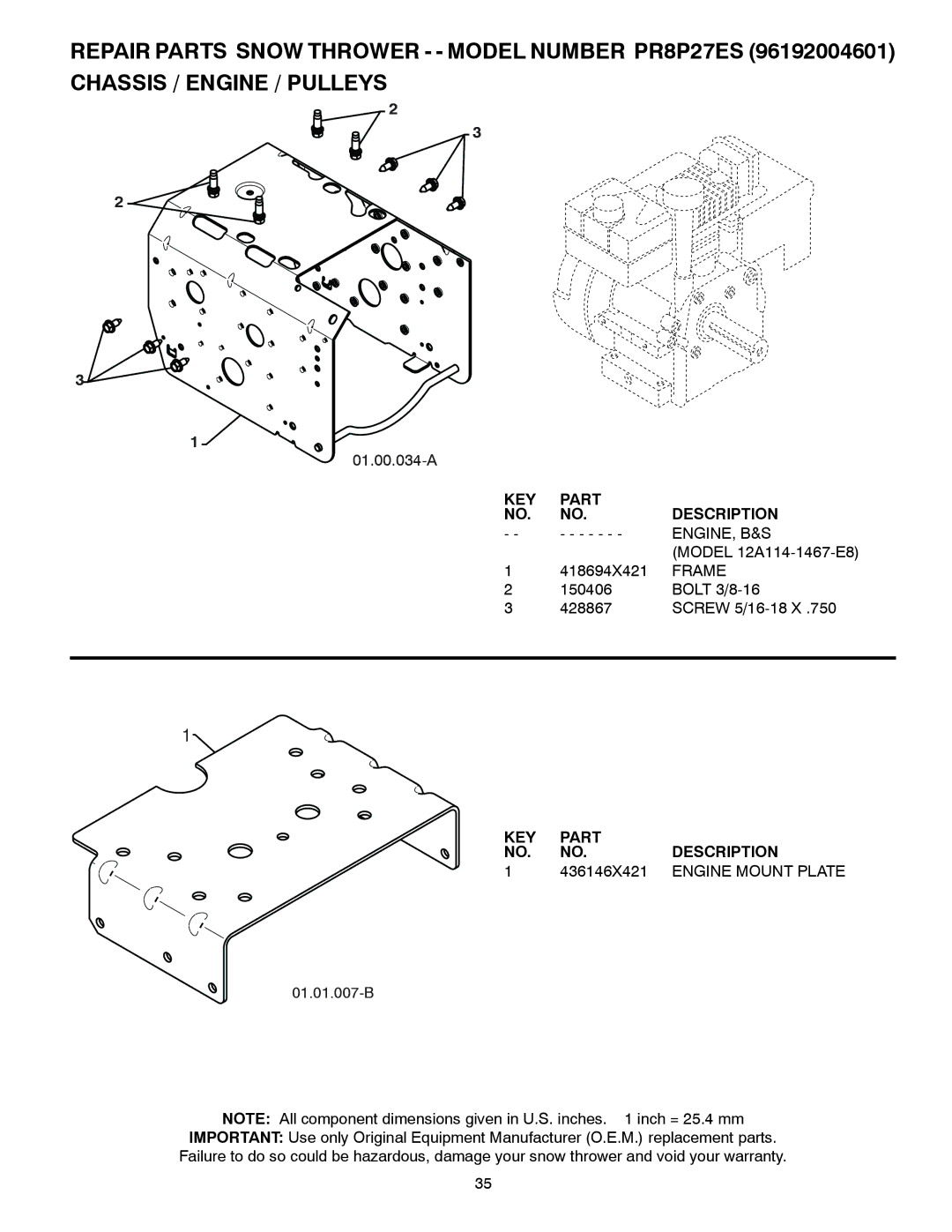 Poulan 96192004601, 438364 owner manual Engine, B&S, Frame, 436146X421, Engine Mount Plate 