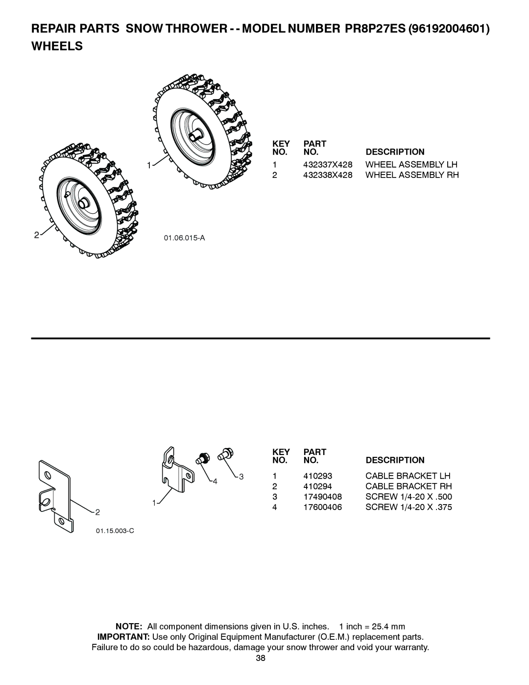 Poulan 438364, 96192004601 owner manual 432337X428, Wheel Assembly LH, 432338X428, Cable Bracket LH, Cable Bracket RH 