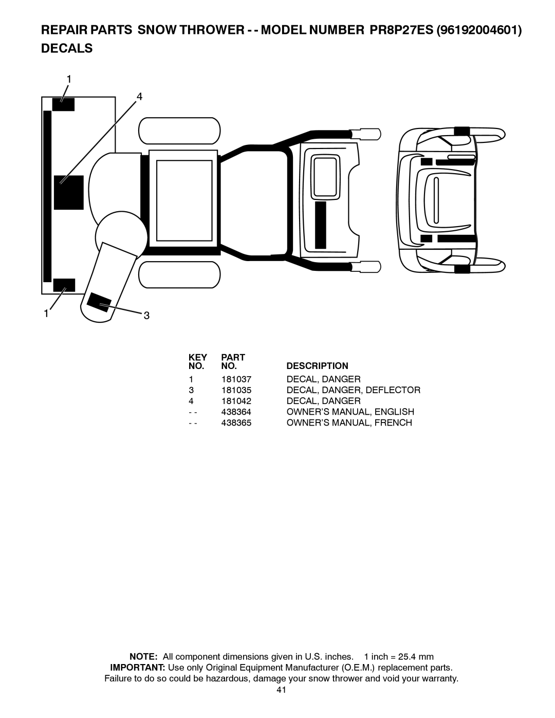 Poulan 96192004601, 438364 owner manual 181037, DECAL, Danger, DECAL, DANGER, Deflector 