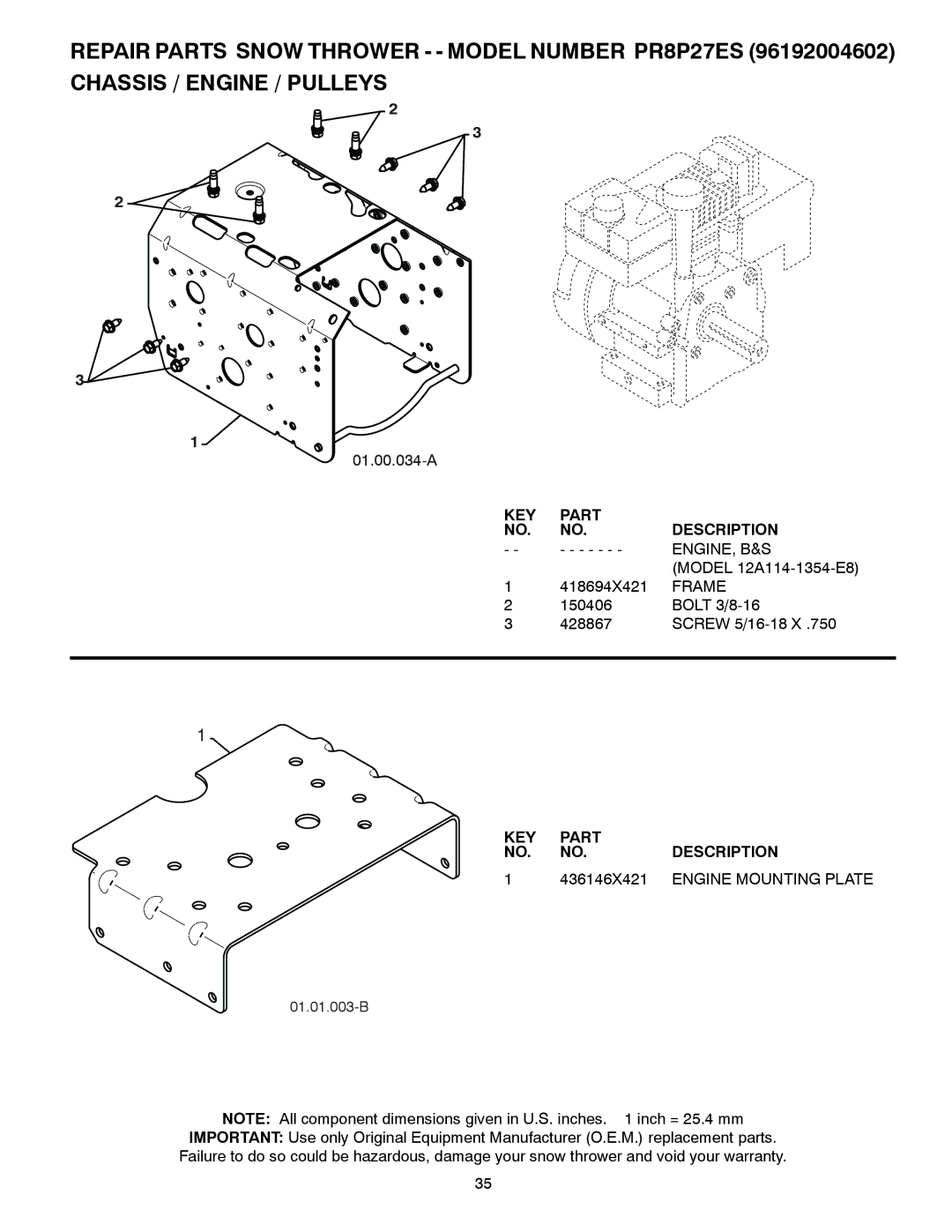 Poulan 96192004602, 438371 owner manual Engine, B&S, Frame, 436146X421, Engine Mounting Plate 