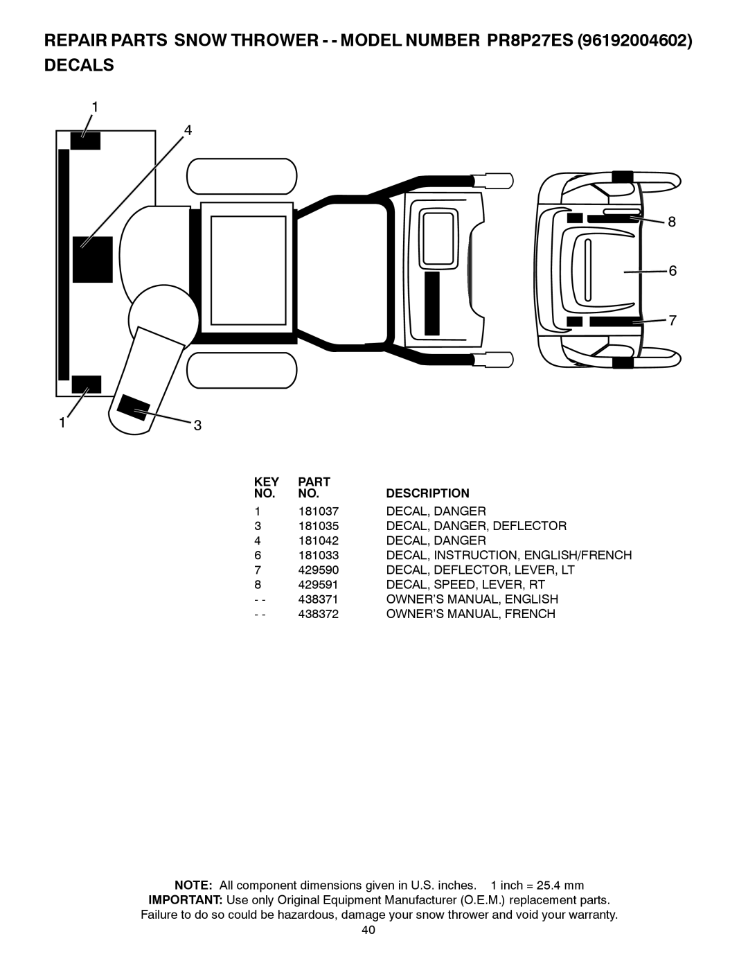 Poulan 438371, 96192004602 owner manual 181037, DECAL, Danger, DECAL, DANGER, Deflector 