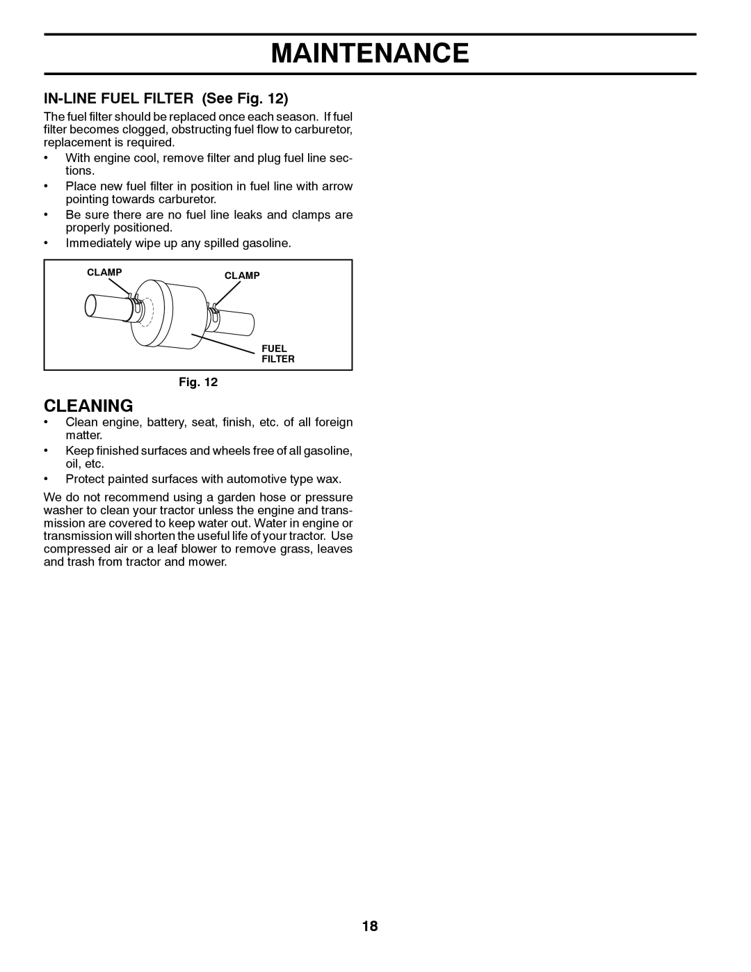 Poulan 438495, PO19542LT, 96012011100 manual Cleaning, IN-LINE Fuel Filter See Fig 