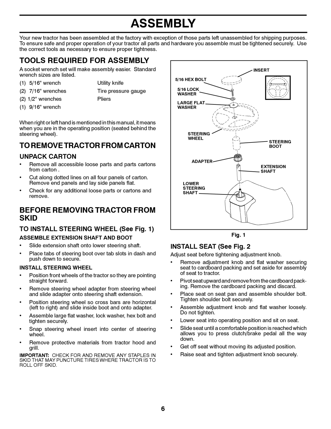 Poulan 438495 Tools Required for Assembly, Toremovetractorfromcarton, Before Removing Tractor from Skid, Unpack Carton 