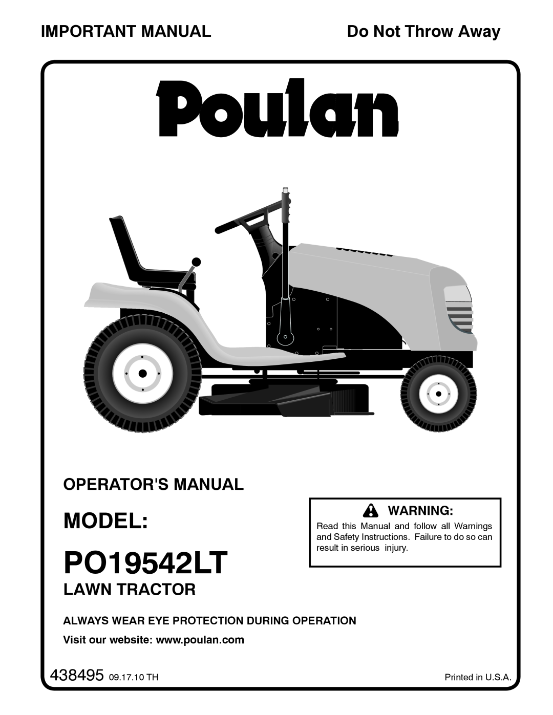 Poulan PO19542LT, 438495, 96012011100 manual Model, Important Manual, Operators Manual, Lawn Tractor, Do Not Throw Away 