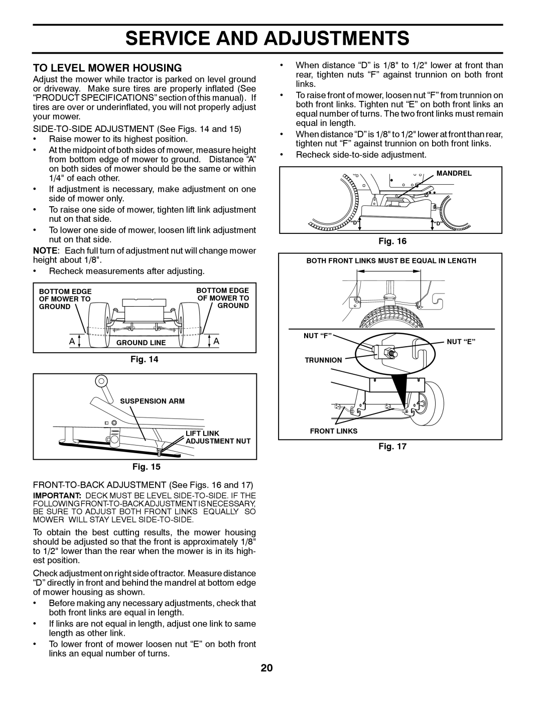Poulan 96012011100, 438495, PO19542LT manual To Level Mower Housing, Service And Adjustments 