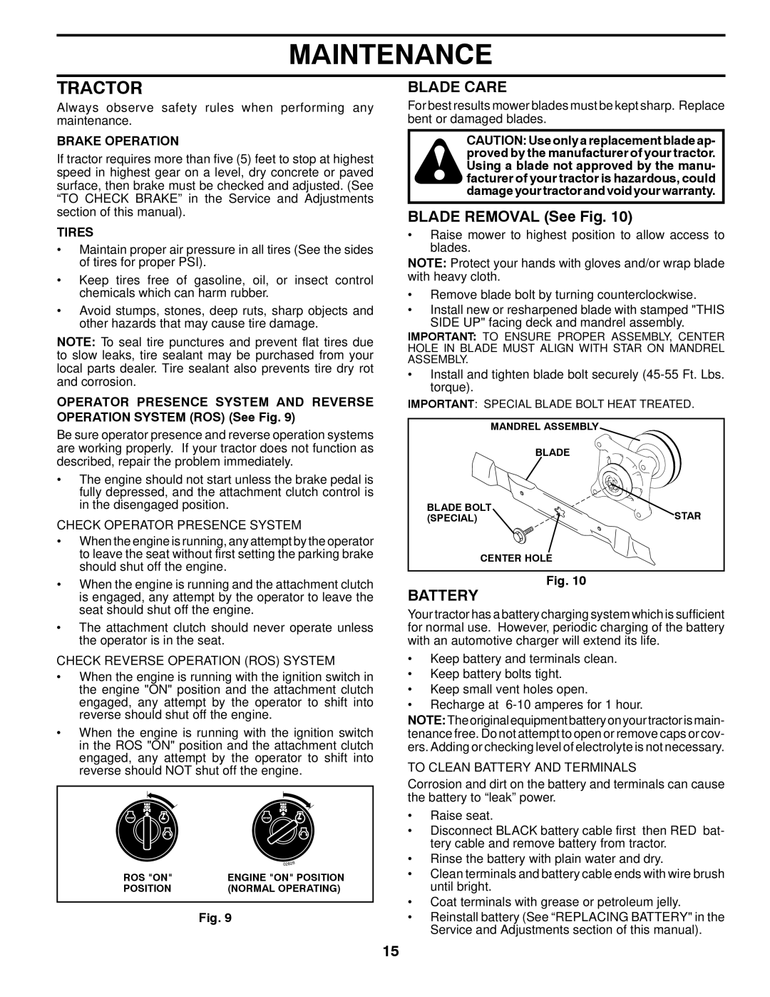 Poulan 438511, PO14542LT, 96012011200 manual Tractor, Blade Care, Blade Removal See Fig, Battery 