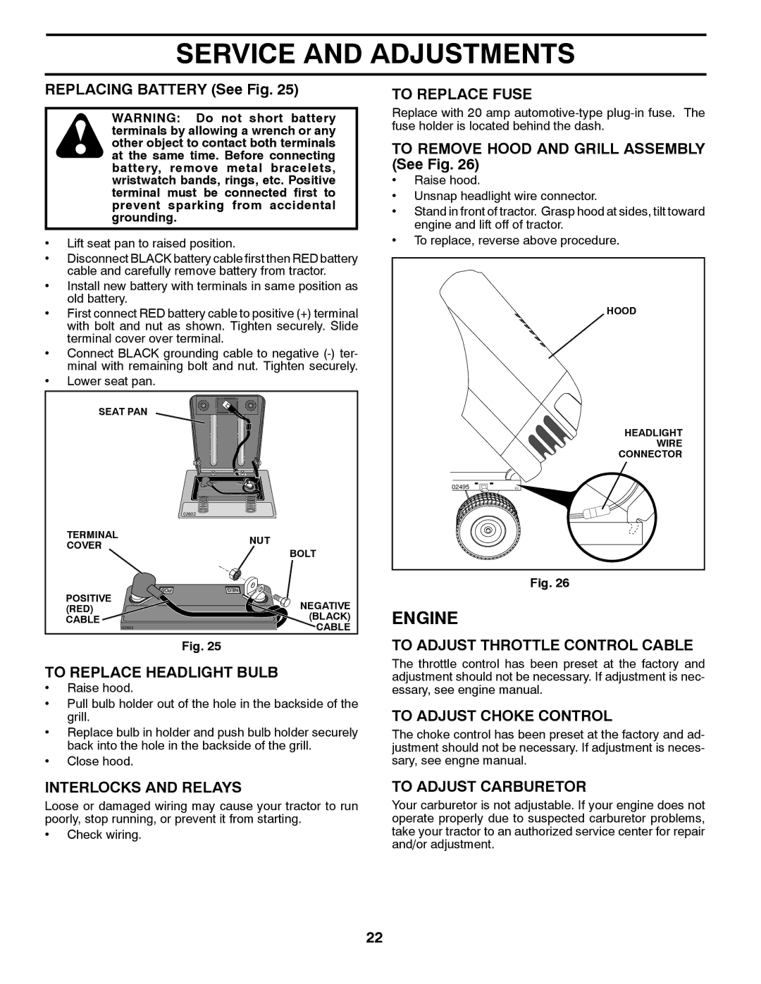 Poulan PO14542LT manual To Replace Headlight Bulb, Interlocks and Relays, To Replace Fuse, To Adjust Throttle Control Cable 