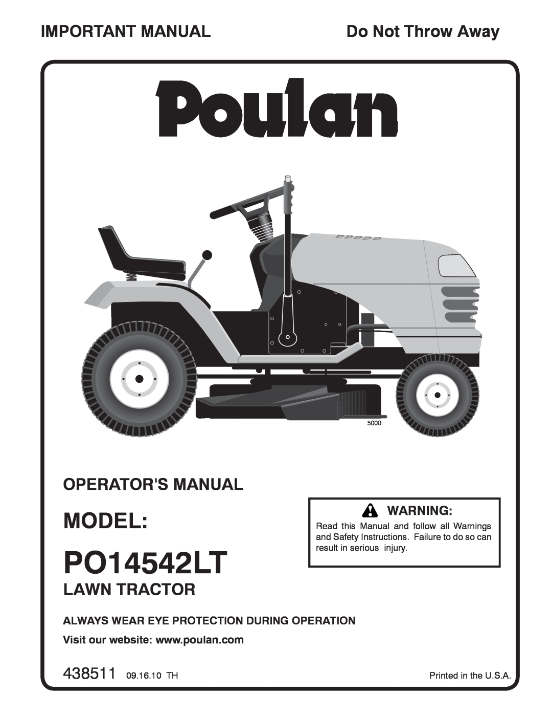 Poulan PO14542LT, 438511 manual Model, Important Manual, Operators Manual, Lawn Tractor, Do Not Throw Away, 5000 