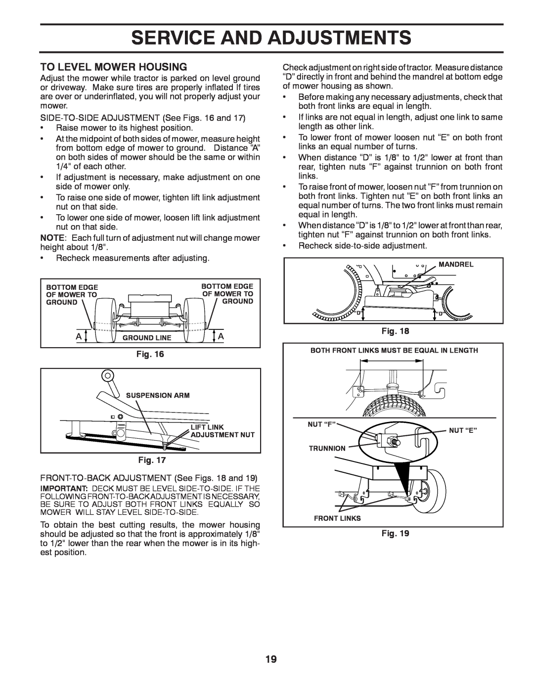 Poulan PO14542LT, 438511, 96012011200 manual To Level Mower Housing, Service And Adjustments 