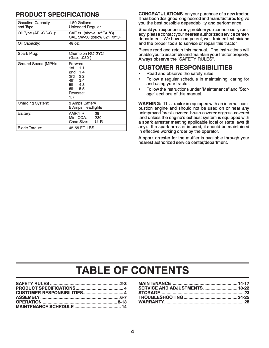 Poulan PO14542LT, 438511, 96012011200 manual Table Of Contents, Product Specifications, Customer Responsibilities 