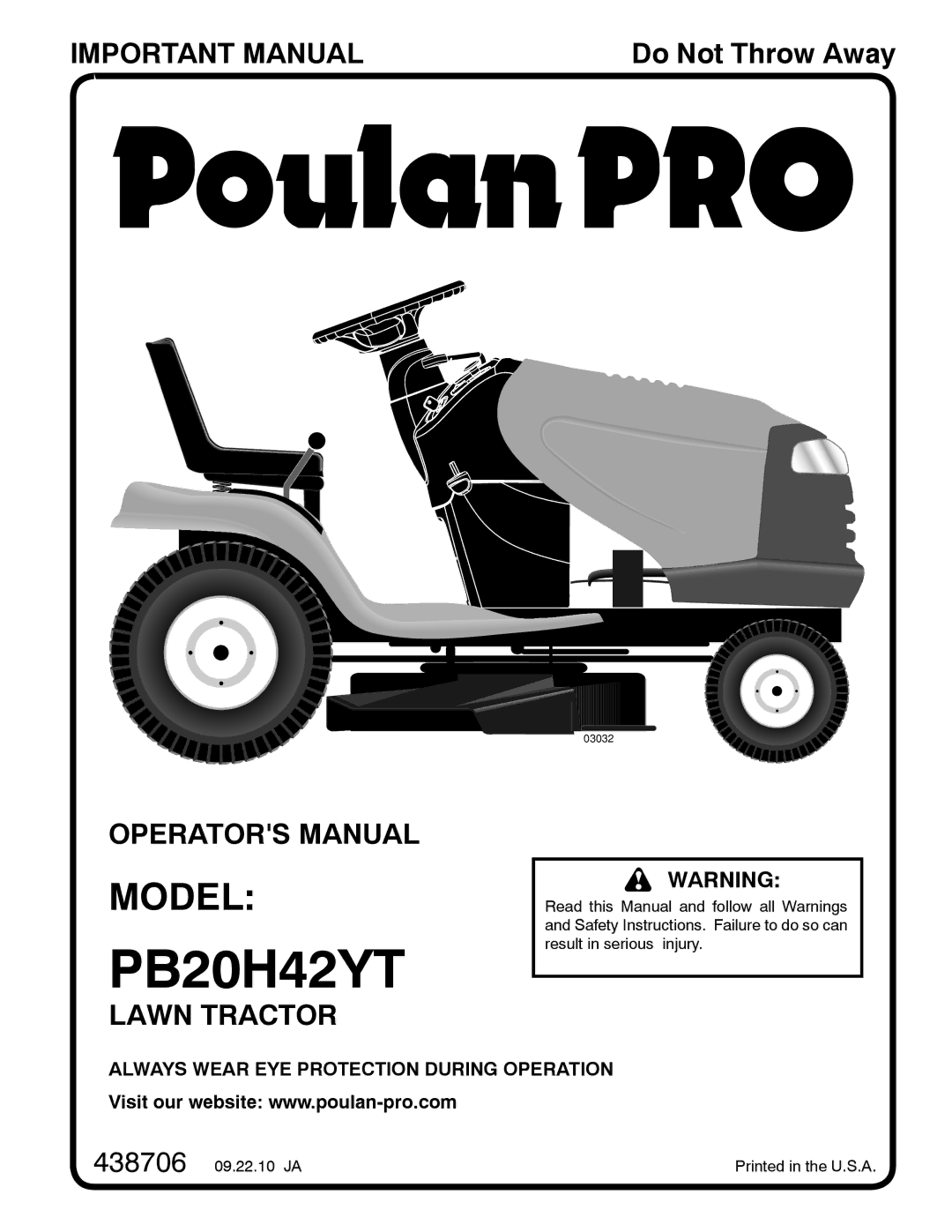 Poulan 96042012400, 438706 manual PB20H42YT 