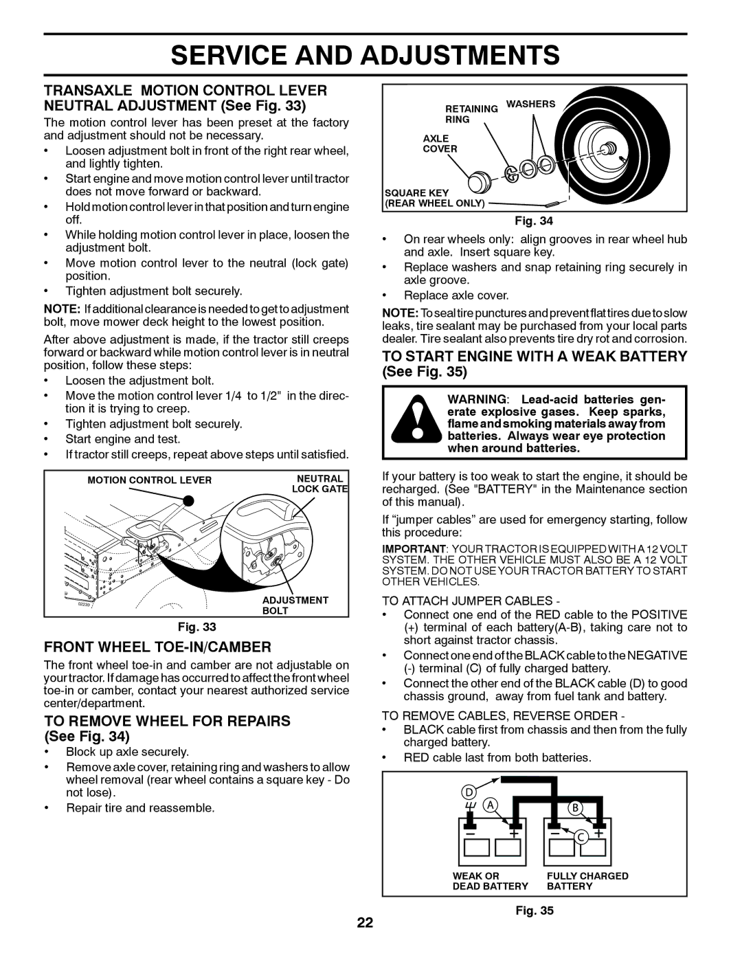 Poulan 438706, 96042012400 manual Transaxle Motion Control Lever Neutral Adjustment See Fig, Front Wheel TOE-IN/CAMBER 