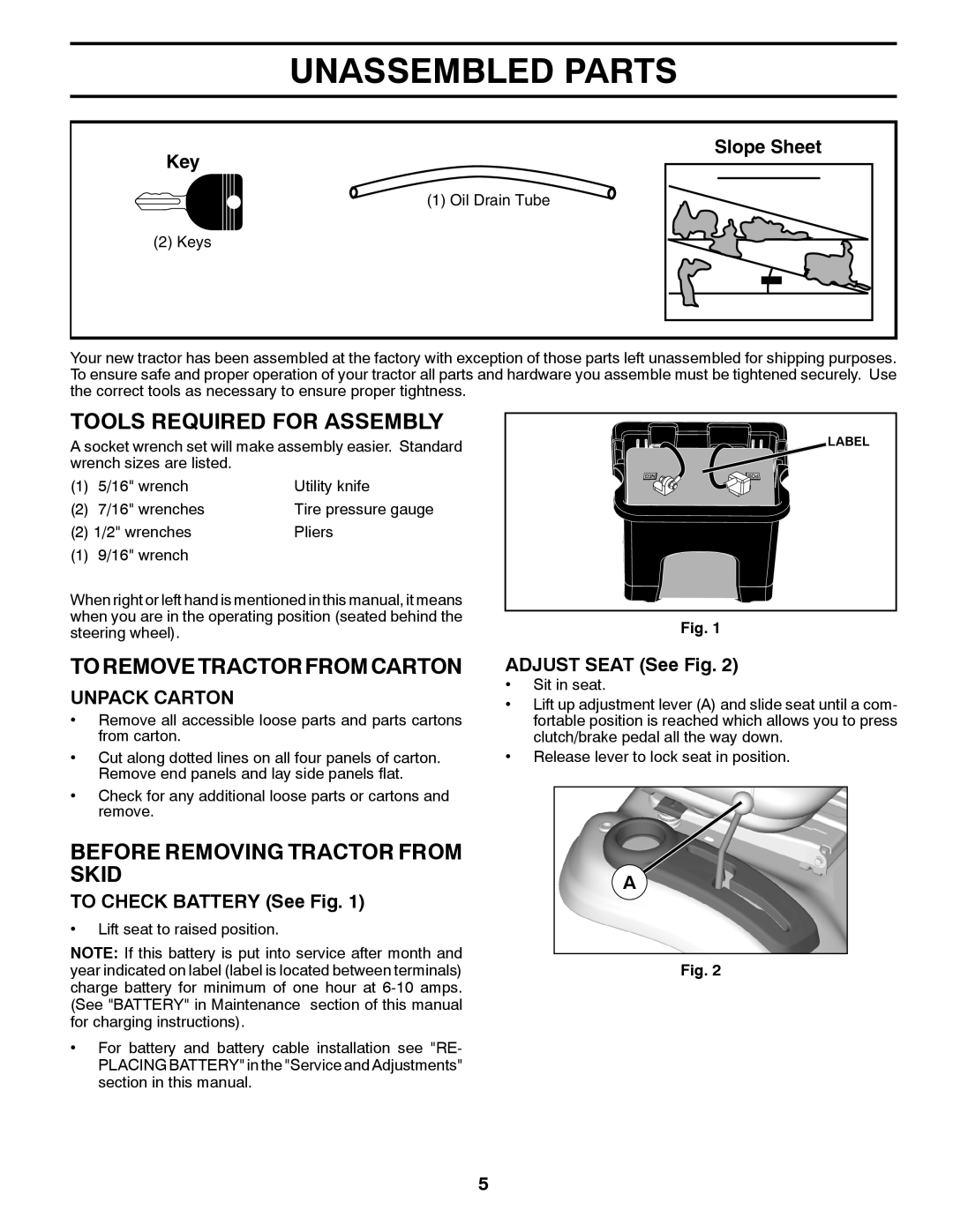 Poulan 96042012400, 438706 Unassembled Parts, Tools Required for Assembly, To Remove Tractor from Carton, Unpack Carton 