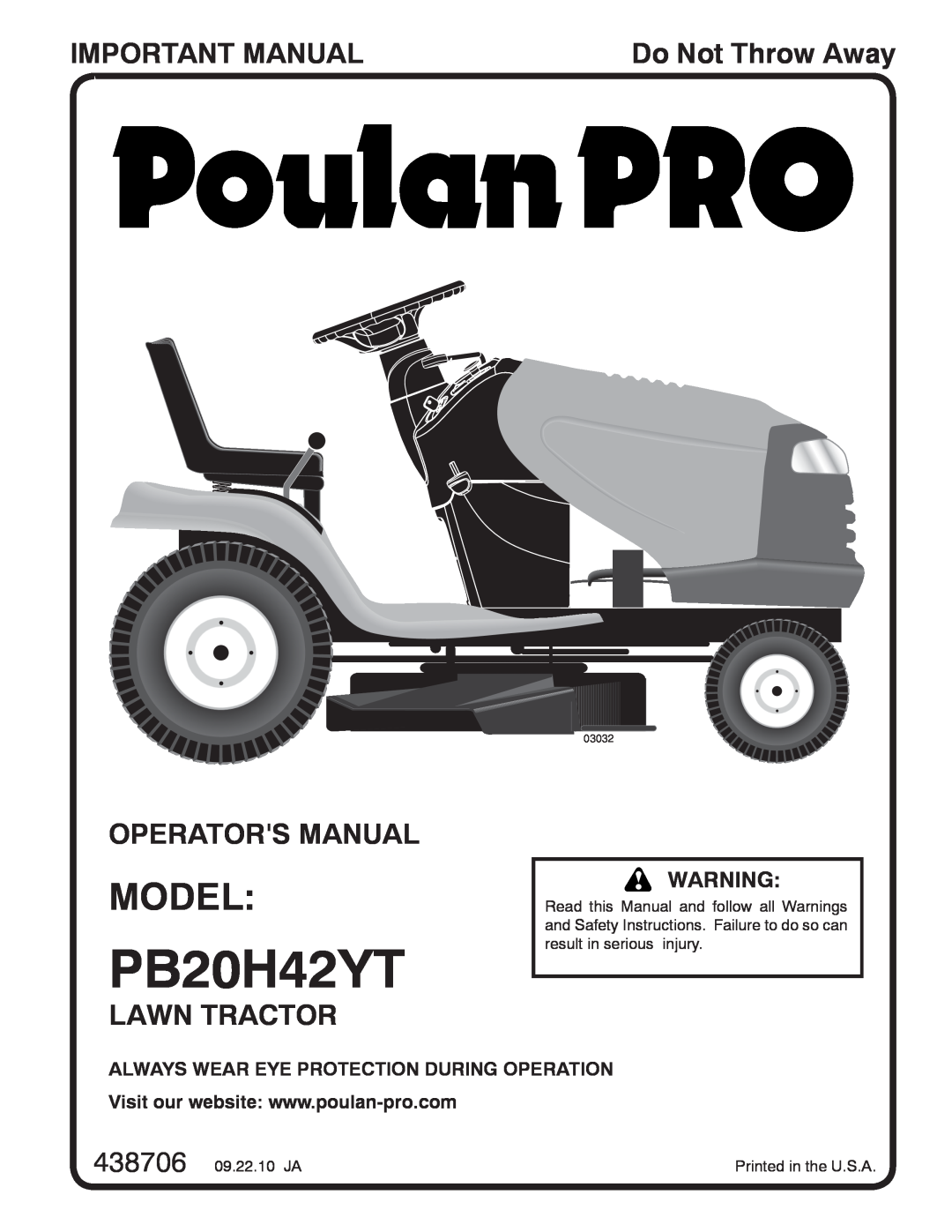 Poulan 96042012400 manual Model, Important Manual, Operators Manual, Lawn Tractor, PB20H42YT, Do Not Throw Away,  
