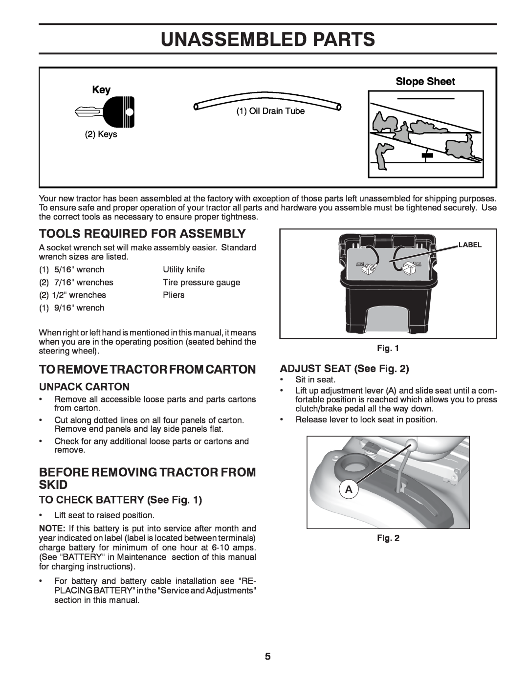Poulan 96042012400, 438706 Unassembled Parts, Tools Required For Assembly, To Remove Tractor From Carton, Slope Sheet Key 