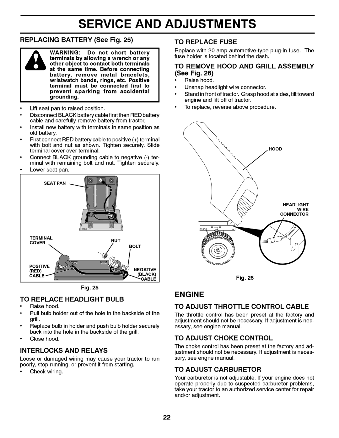 Poulan 438719 manual To Replace Headlight Bulb, Interlocks and Relays, To Replace Fuse, To Adjust Throttle Control Cable 