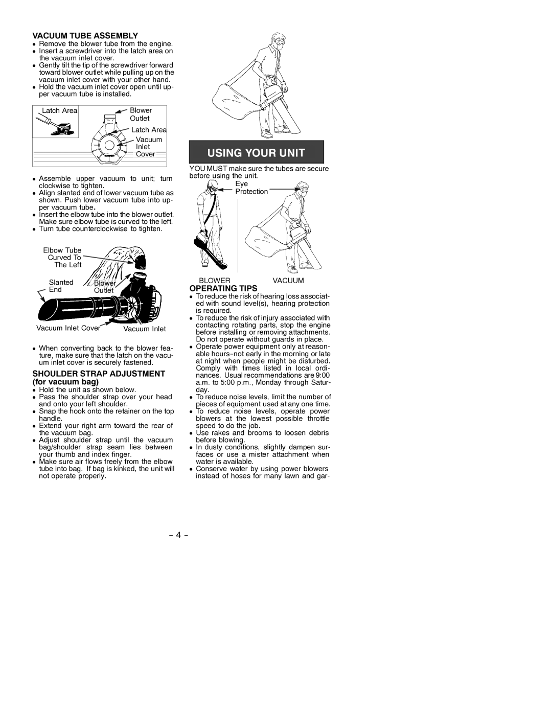 Poulan 452 MVB manual Vacuum Tube Assembly, Shoulder Strap Adjustment for vacuum bag, Operating Tips 