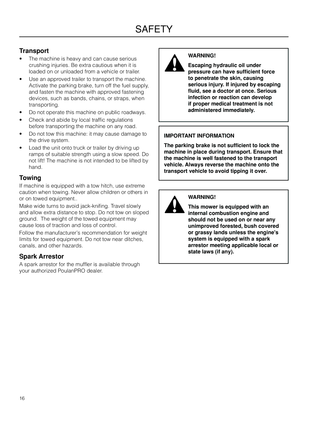 Poulan 460ZX / 966550201 manual Transport, Spark Arrestor 