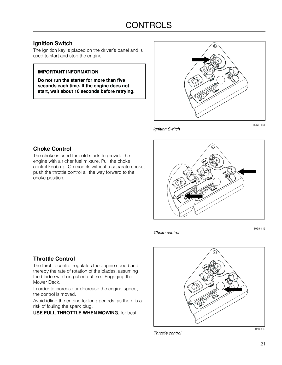 Poulan 460ZX / 966550201 manual Ignition Switch, Choke Control, Throttle Control, USE Full Throttle When MOWING, for best 