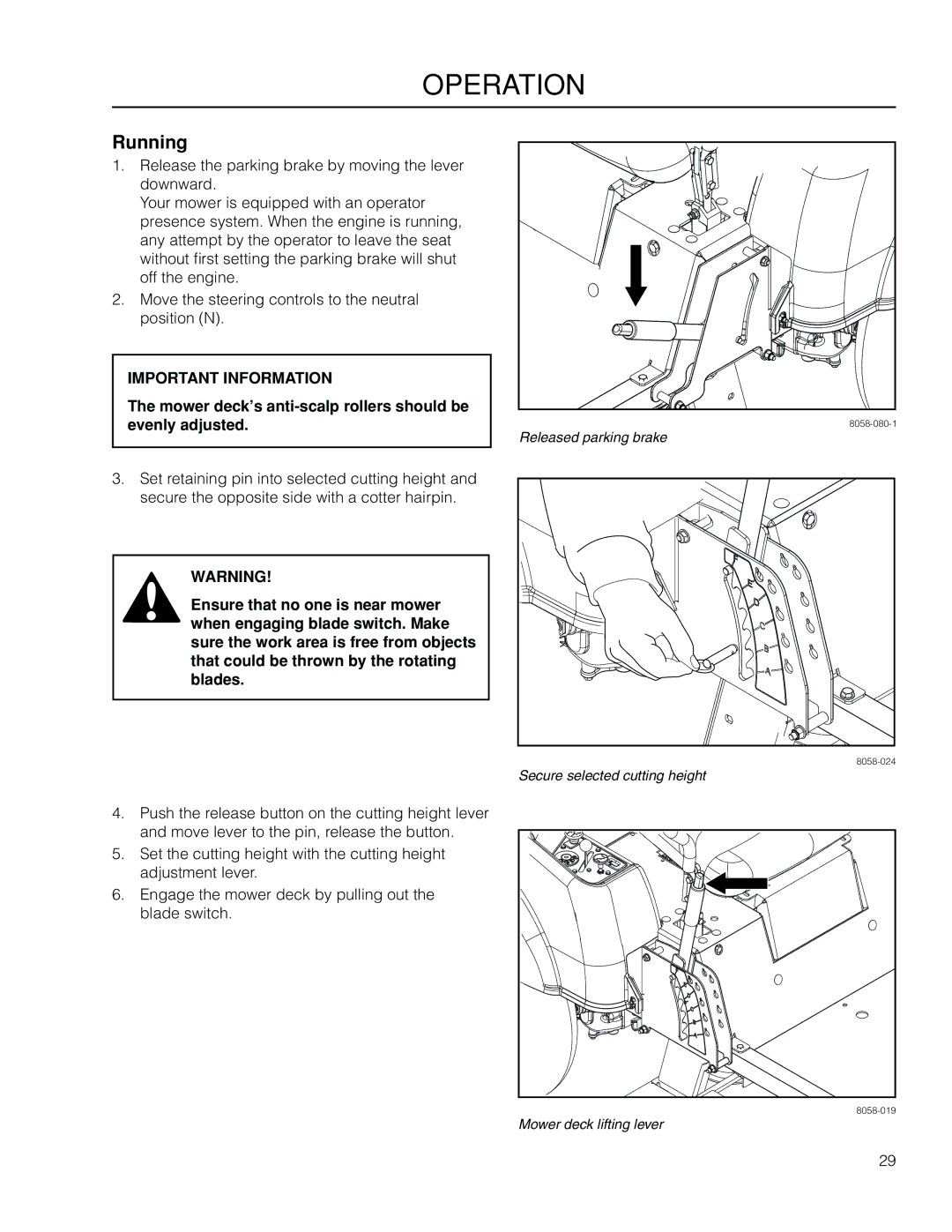 Poulan 460ZX / 966550201 manual Running, Mower deck’s anti-scalp rollers should be evenly adjusted 